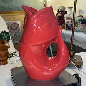 9.5” Original Gurgle Pot Fish Pitcher 2006 Stoneware RED